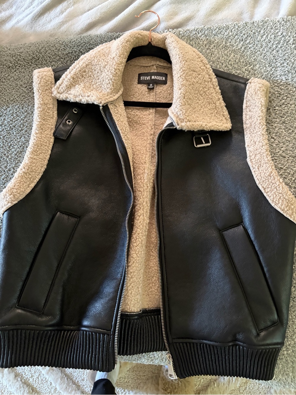 Steve Madden Black Faux Leather Vest with Cream Sherpa Trim
